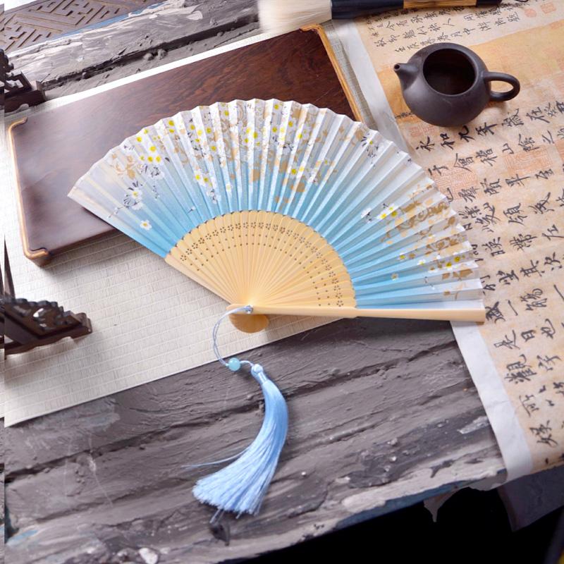 Ancient Chinese Style Small Dance Fan Summer Portable Hanfu Cheongsam Hand Held Fan Green Bamboo Ribs Single-Sided Folding Fan
