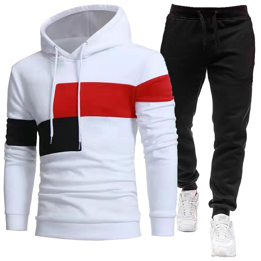 2024 Men's 3-Piece Fleece-Lined Patchwork Hoodie Sportswear Set