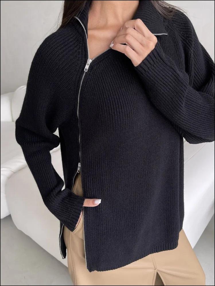 Europe, America and Russia knitted cardigan autumn and winter hot casual side zipper loose stand-up collar women's sweater jacket