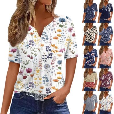 Women's T Shirt Tee Printed Button Short Sleeve Tunic Daily Weekend Fashion Basic V- Neck Regular Top