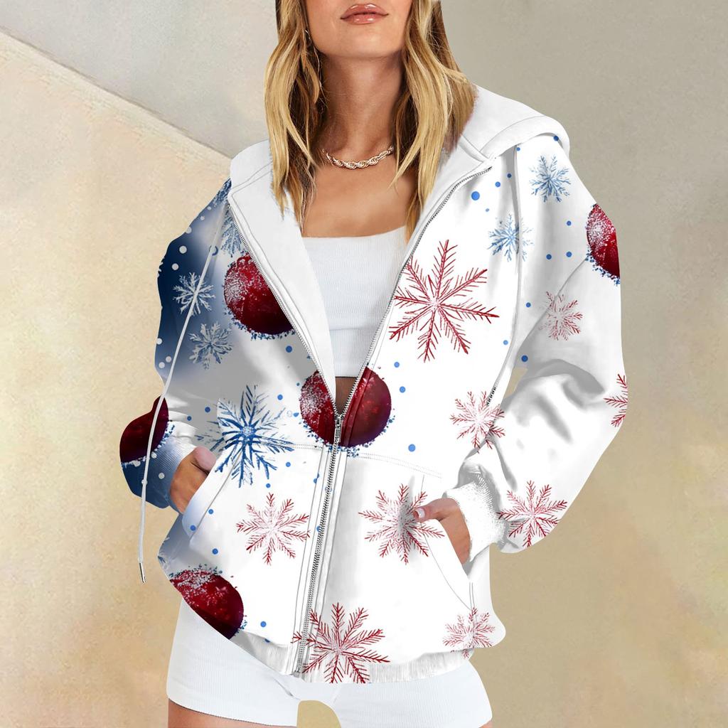 Women's Long Sleeve Christmas Print With Pockets Cardigan Zipper Hooded Sweatshirt Jacket