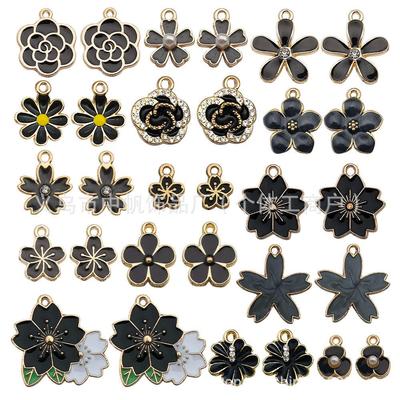 "Set of 30 Black Flower DIY Korean Jewelry: K-Gold Oil Drop Alloy Pendants for Earrings & Bracelets"