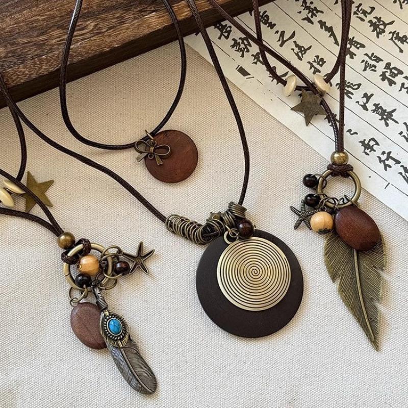 New·Vintage Boho Metal Necklace Women Antique Long Collar Chains Pendant Handmade Statement Jewelry Layers Accessories