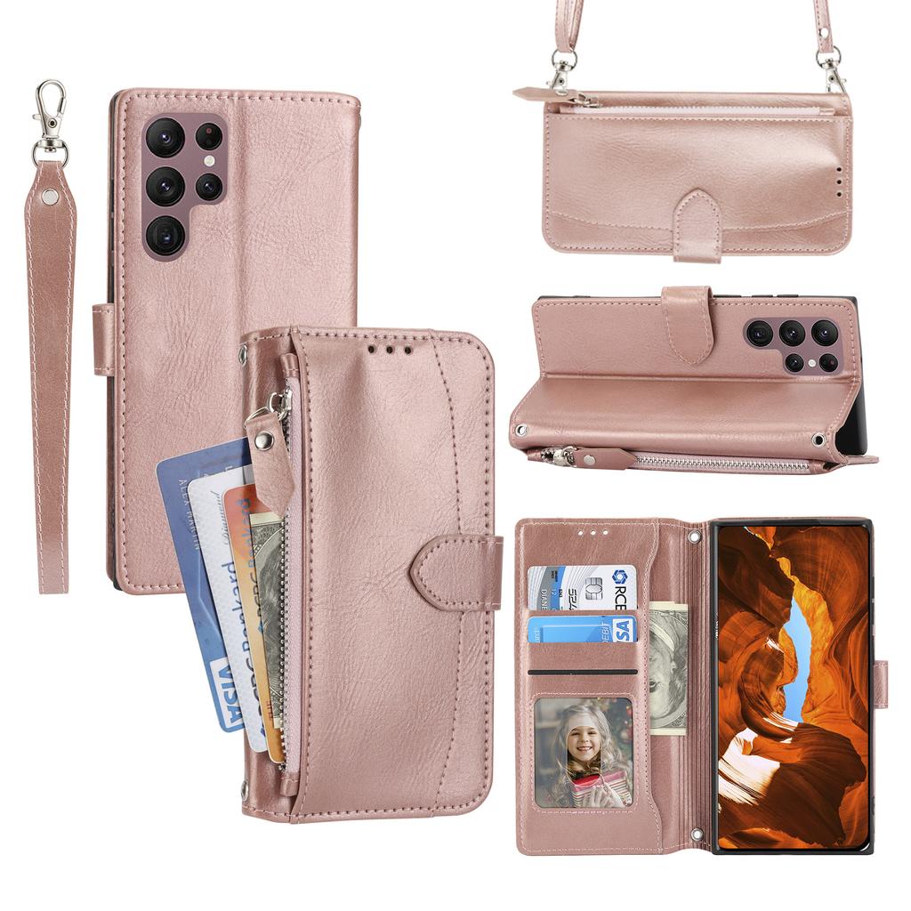 For Samsung Galaxy S26 Ultra Case Zipper Pocket Leather Phone Cover with Crossbody Shoulder Strap