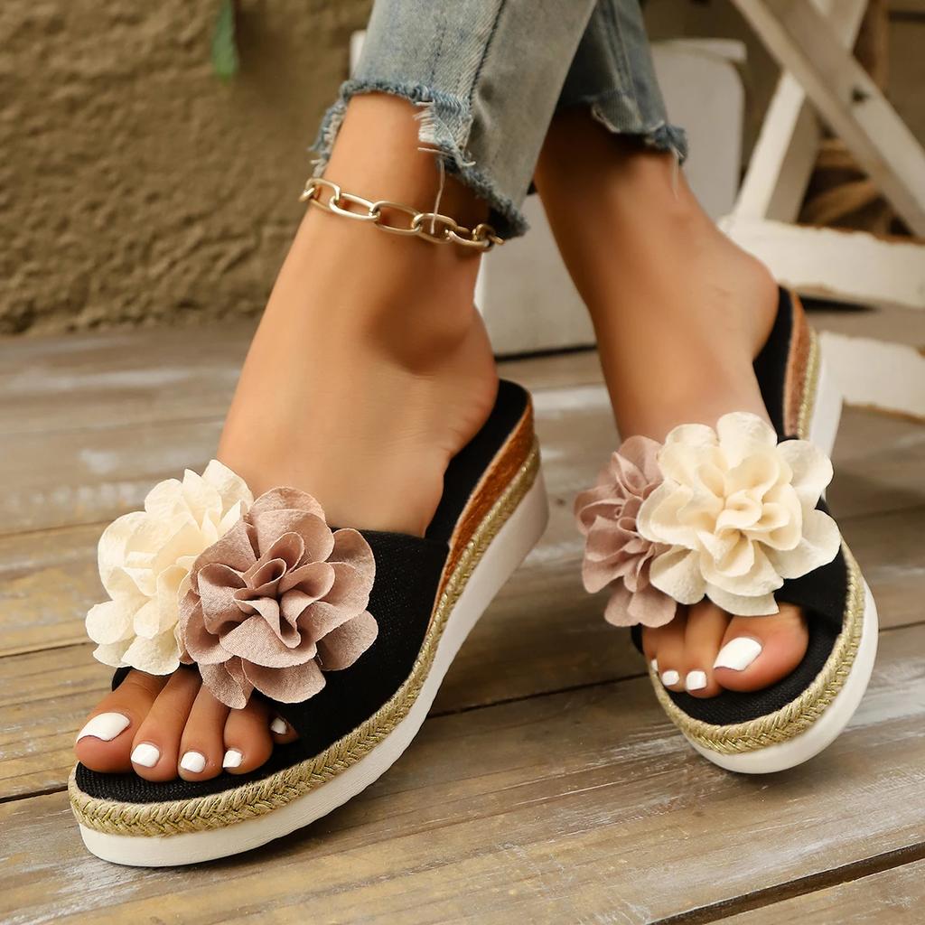 New Women Slippers Casual Platform Flat Shoes Solid Color Bowknot Slippers Braided Straps Outdoor Sandals Slides Women