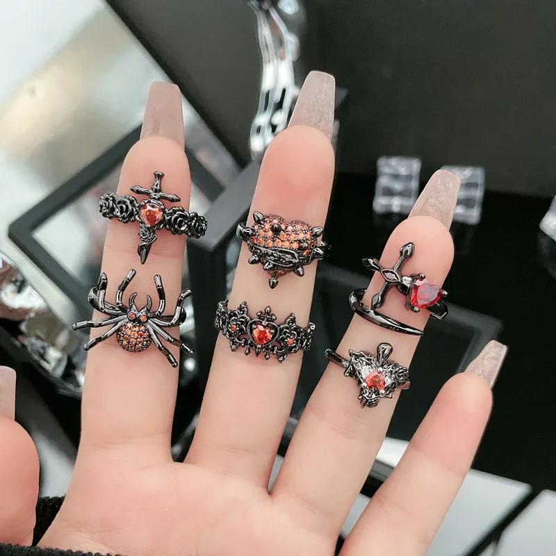 LATS 8pcs Irregular Red Crystal Heart Aesthetic Rings for Women Y2K Gothic Butterfly Spider Ring Creative Jewelry Accessories
