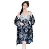Women's Summer Ice Silk Sexy Nightgown Pajamas with Chest Pads Pure Lace Suspender Nightgown Two-piece Set Robe Loungewear