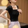Square Neck T-shirt for Women's Summer Short-sleeved Front Shoulder Slim Body Style