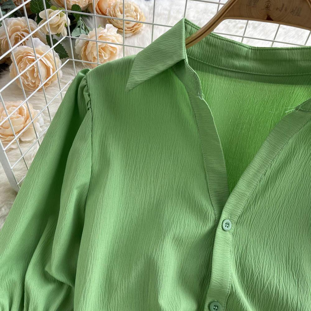 Bubble Sleeve Blouse Top Women's Waisted Short Chic Temperament Shirt