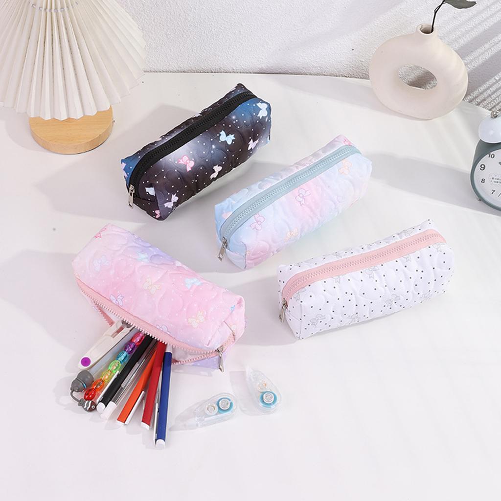 1PC Bowknot Print Pencil Case, Creative Starry Sky Style Portable Zipper Desktop Stationery Storage Bag, Cute Gift for Friends