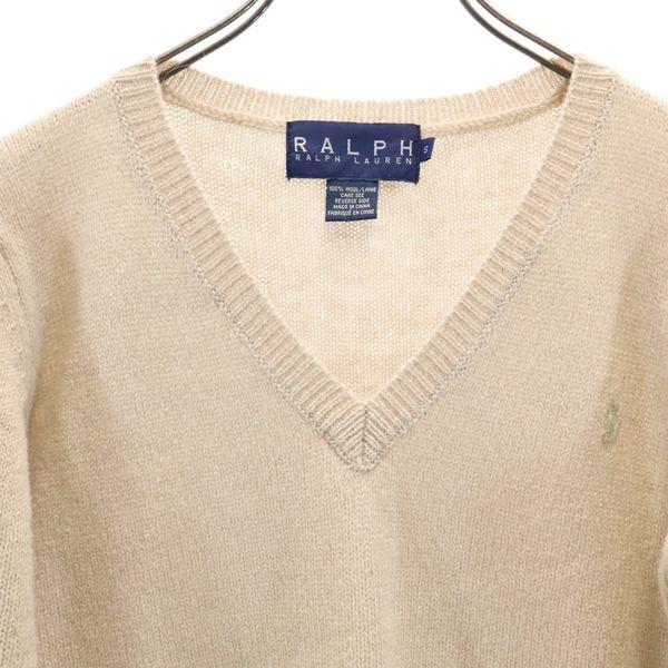 RALPH LAUREN One point embroidery Long sleeve V neck sweater S Beige knit Women Used