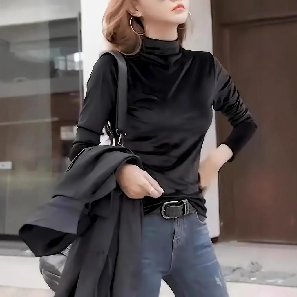 Autumn Velvet Base Shirt for Women Slimming Half High Collar Versatile T-Shirt