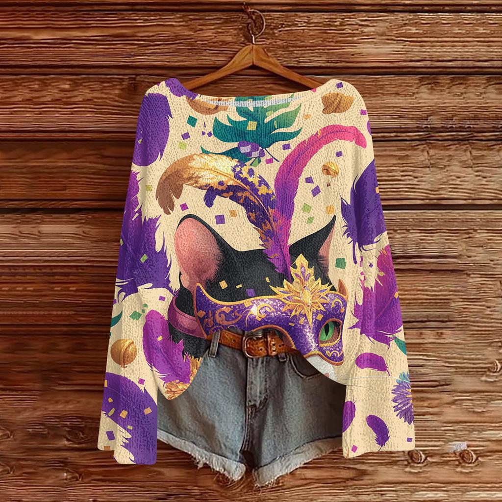 Damen Casual Mode Rundhals Oberteil Karneval Print Langarm Strickpullover