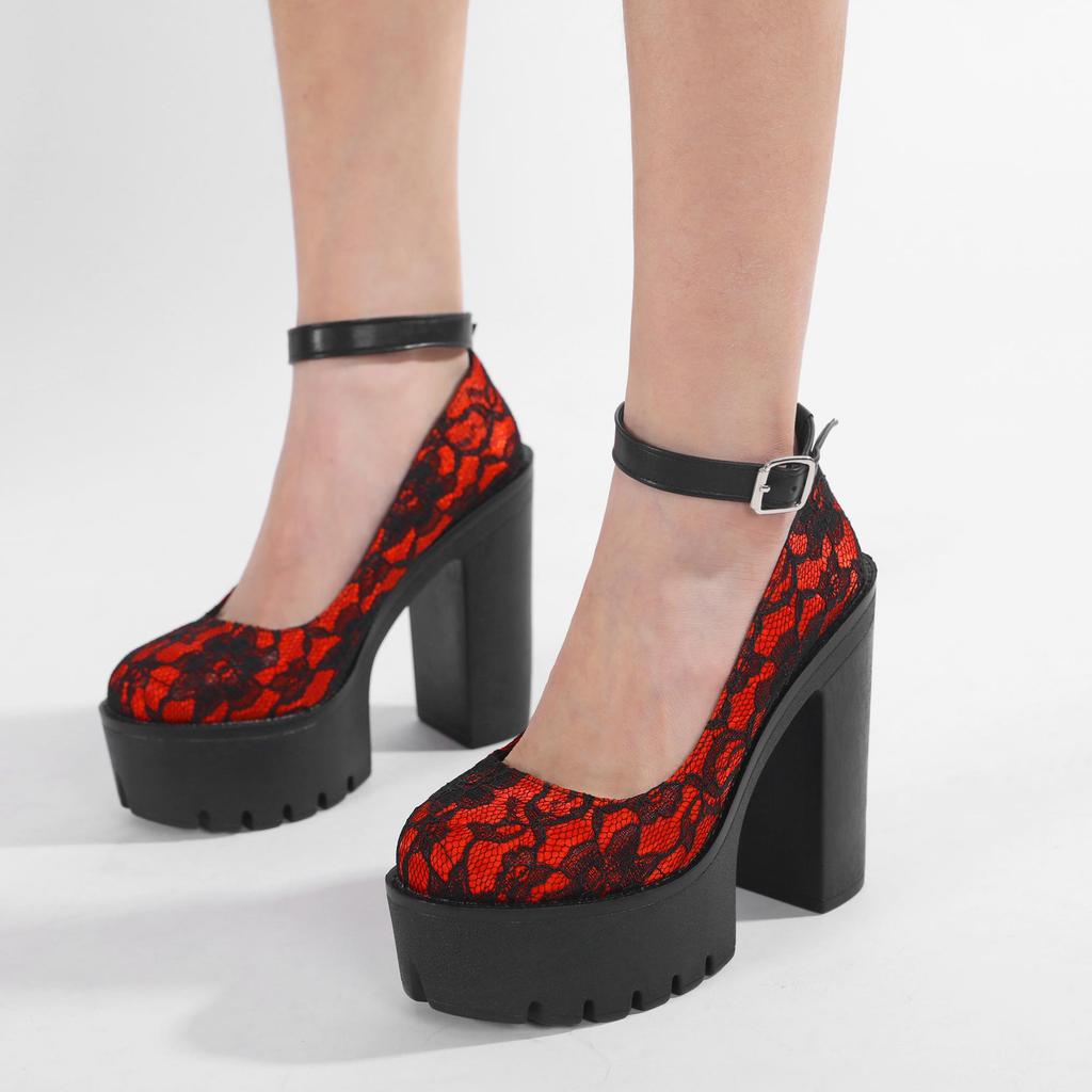 Gdgydh Red Wedding Mary Janes Women Shoes with Lace Aankle Strap Waterproof Platform Pumps High-Heeled Shoes Round Toe