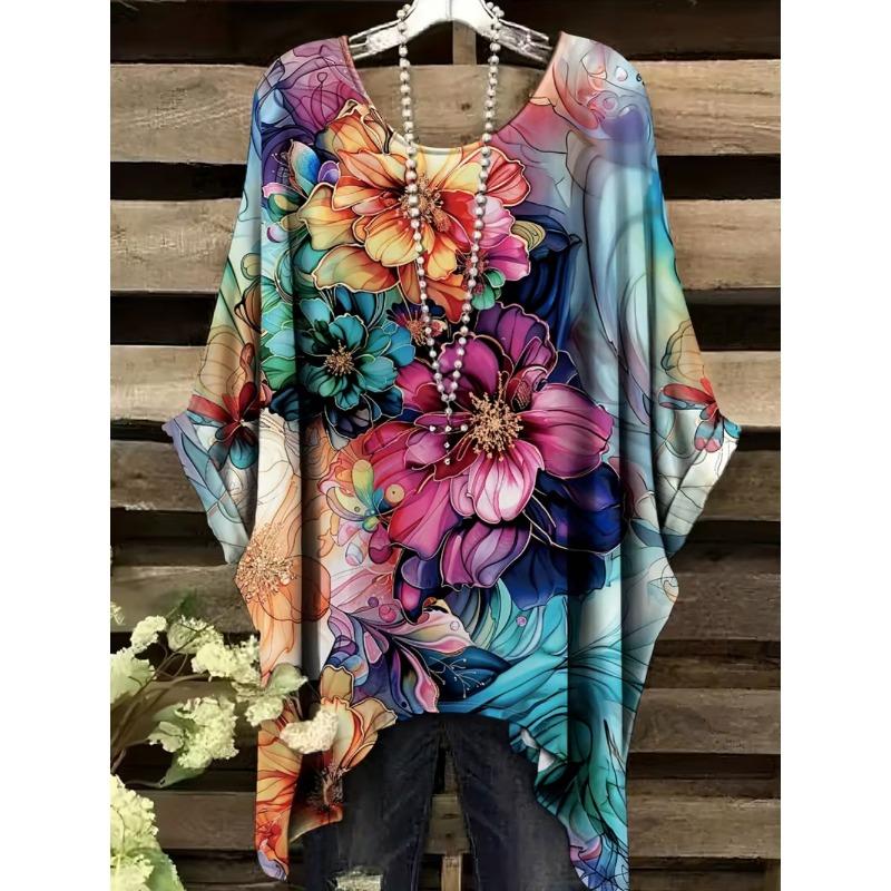 Bohemian Chic Women's T-Shirt Vintage Floral Graphic O-Neck Pullover Short Sleeve Tees Oversized Irregular Hemline  Clothes