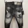 New D2 Trendy Men's Washed Grinding Holes Patch Paint Slim Small Feet Black Jeans Men's Fried Street