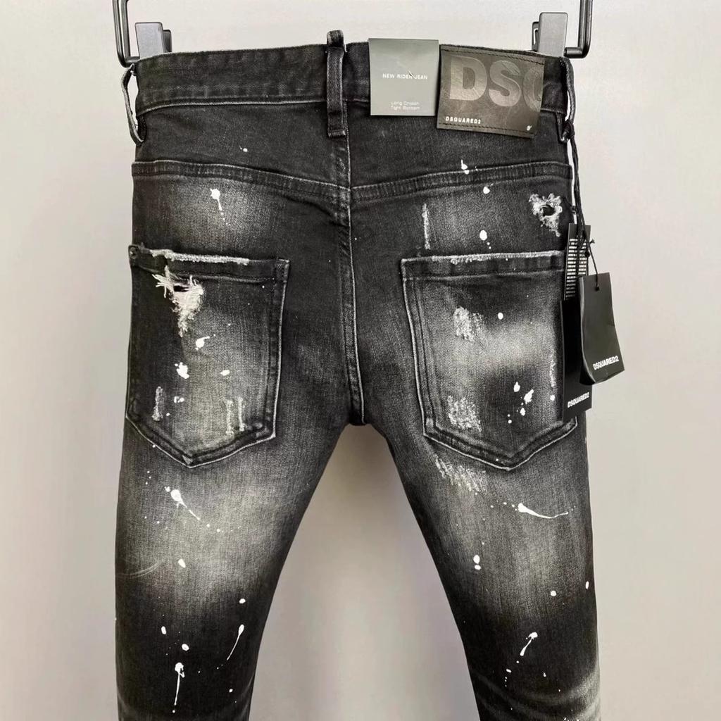New D2 Trendy Men's Washed Grinding Holes Patch Paint Slim Small Feet Black Jeans Men's Fried Street