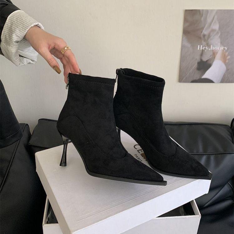 Suede Autumn and Winter High Heel Short Boots Versatile Skinny Boots Women's Elastic French Retro Sub Thin Heel Back Zipper Pointed New