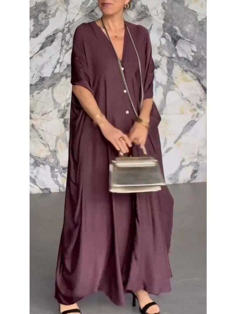Women's V-neck Batwing-sleeve Satin Loose-fitting Casual Straight-cut Plain-coloured Dress