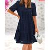 Short Sleeve Women's Beach Vacation Skirt V-Neck Hollow Lace Dress A-Sense Skirt