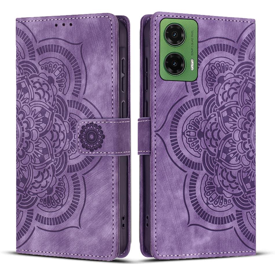

For Motorola Moto G35 5G Leather Case WANLONFENG HDM Series Mandala Imprint Wallet Stand Phone Cover Purple