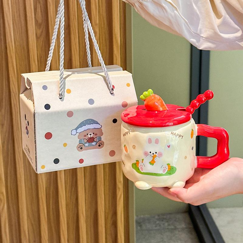 Cute and high-value radish rabbit ceramic cup with lid spoon girl couple mug for girlfriend birthday gift