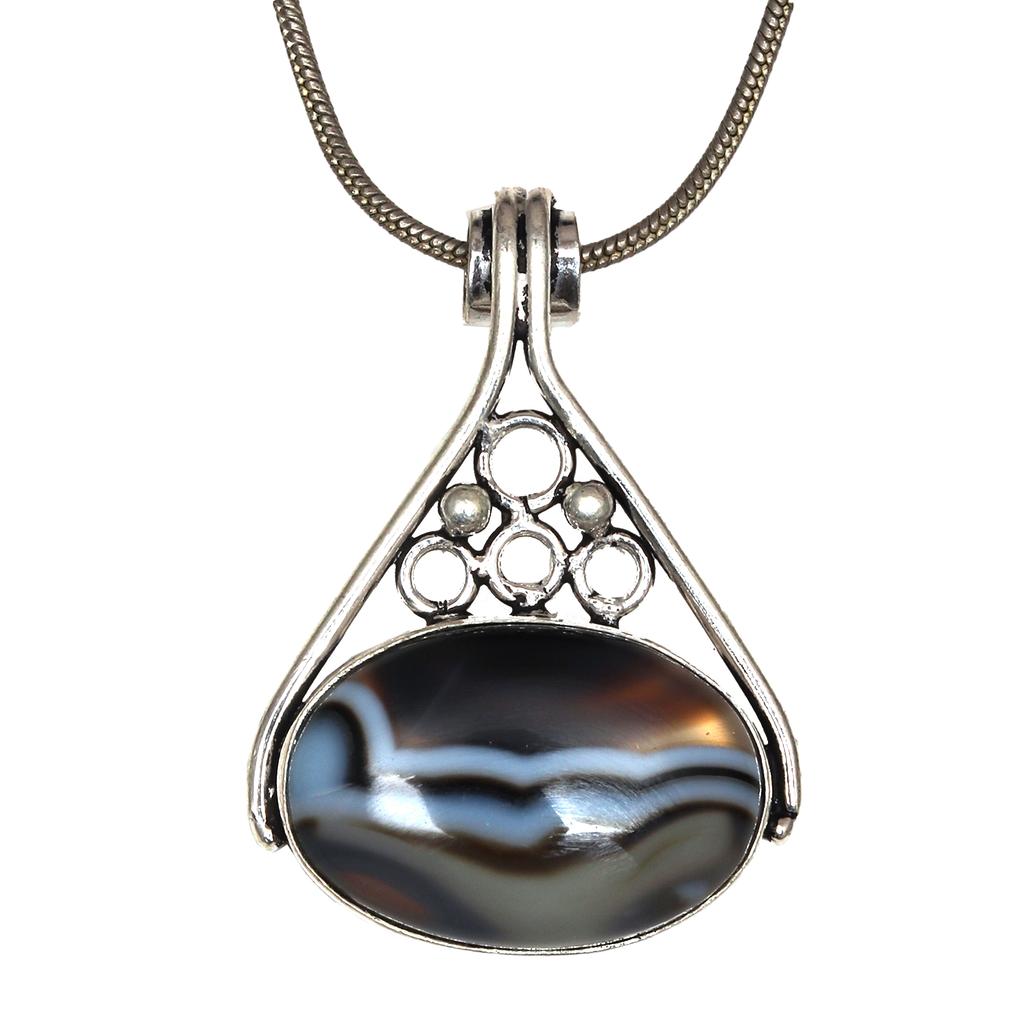 Gray Botswana Agate Gemstone Mother's Day Silver Jewelry Pendant  1.75"