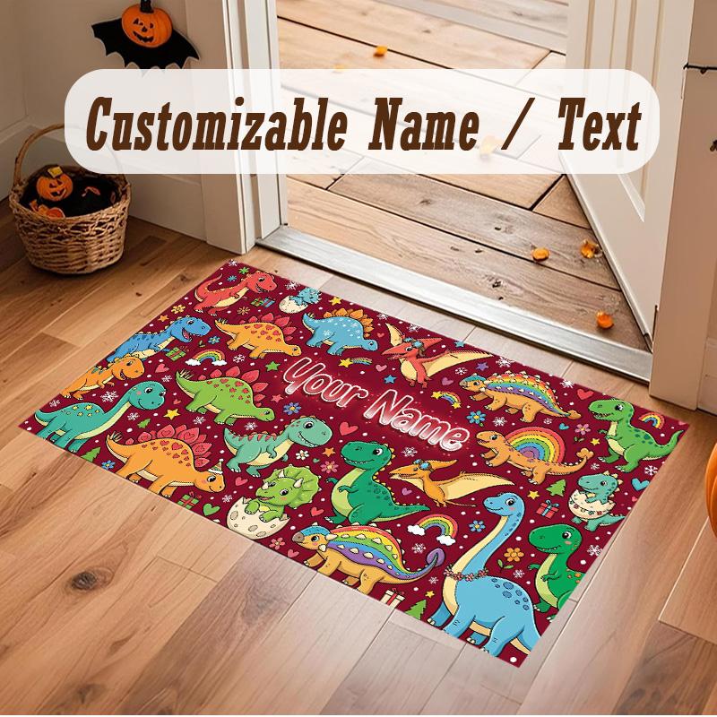 Dinosaur Theme Soft Crystal Velvet Rug Custom Name & Text Print Non Slip Floor Rug for Bedroom Living Room