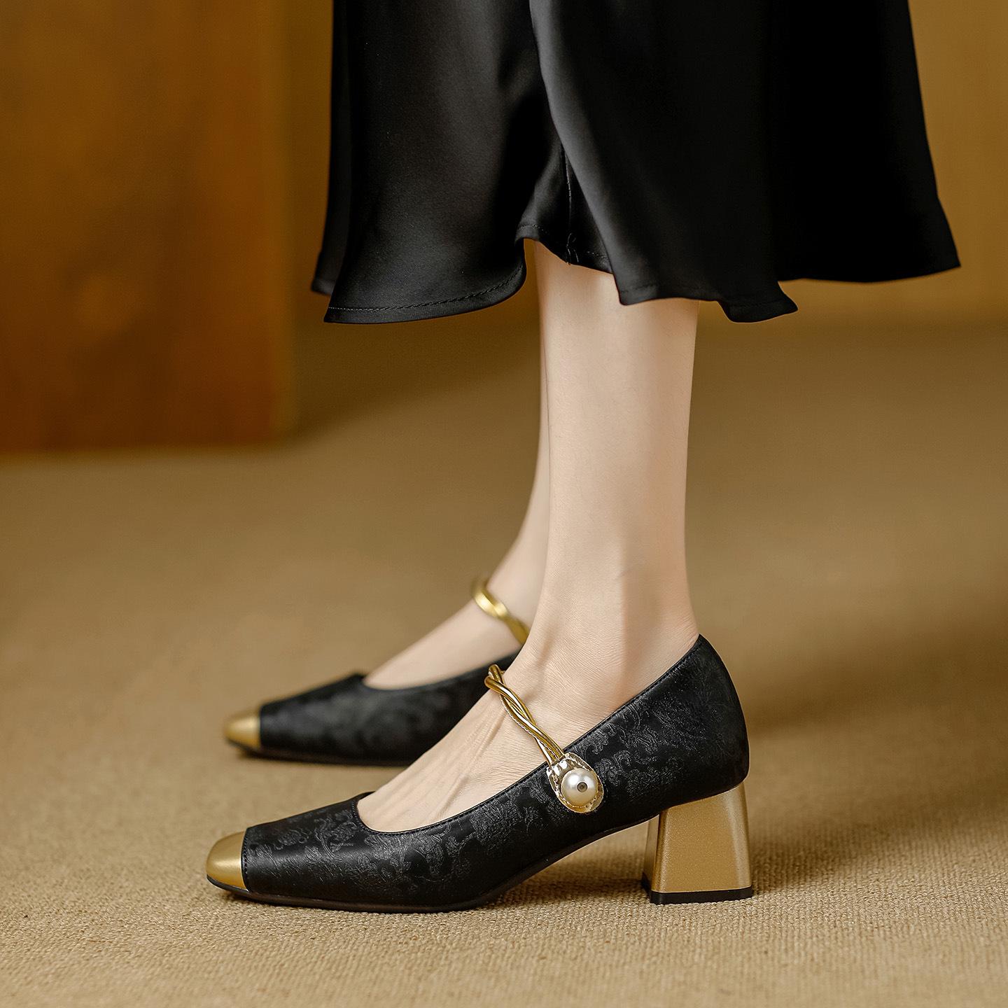 

2025 Summer Colorblock Mary Jane Square Toe Chunky Heels for Women 37