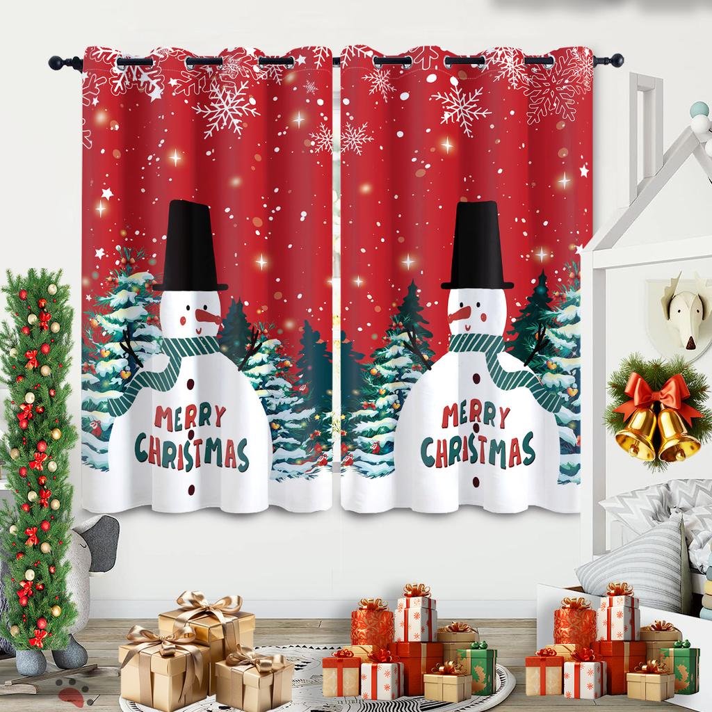 Christmas Snowman Print Red Curtains Multiple Sizes Living Room Insulation Decoration Easy Install Curtain Light Blocking For Polyester Machine