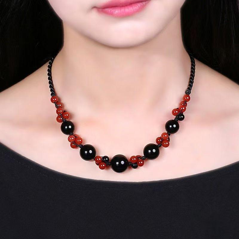 GEMCHIC Women's New Chinese Style Retro Collarbone Necklace Handmade Woven Red and Black Crystal Beads Ethnic Choker Jewelry