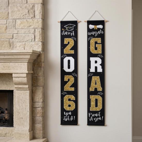 1 Pair 2026 Graduation Decoration Class of 2026 Congrats Grad Door Sign Indoor Outdoor Front Door Porch Hanging Banner for Graduation Party