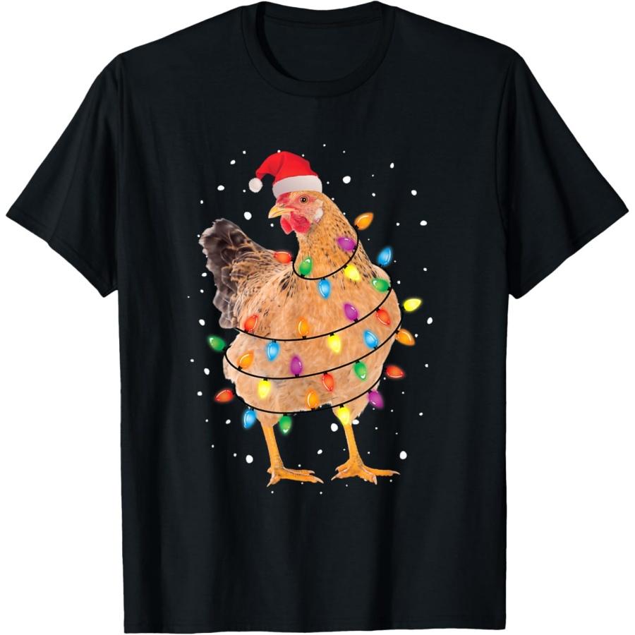 Рождественские огни Курица Санта Смешная Рождественская елка Футболка с курицей XXXXXL чёрный