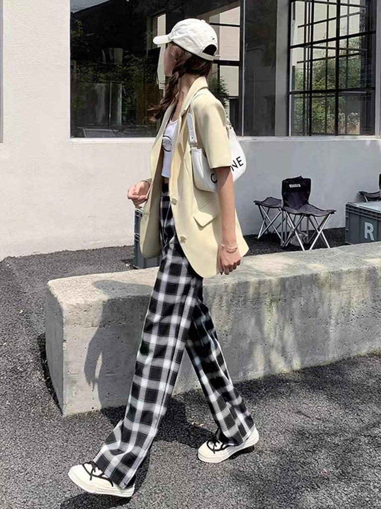 Damen Hochtaillierte Fleecegefütterte Woll-Plaid Weitbeinige Hose