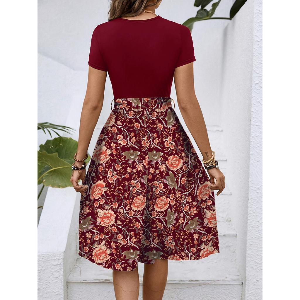 Women's Floral Print Casual Summer Dress, Short Sleeve, High Waist, A-Line Midi Dress, Elegant and Comfortable