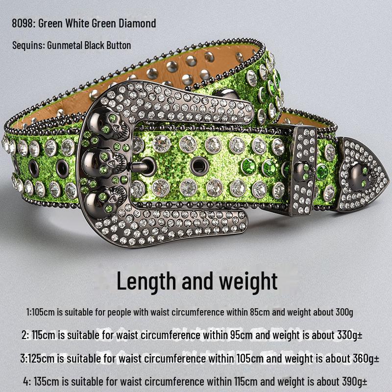 Curea de lux cu cataramă cu strasuri și craniu închis la culoare, cu paiete și diamante