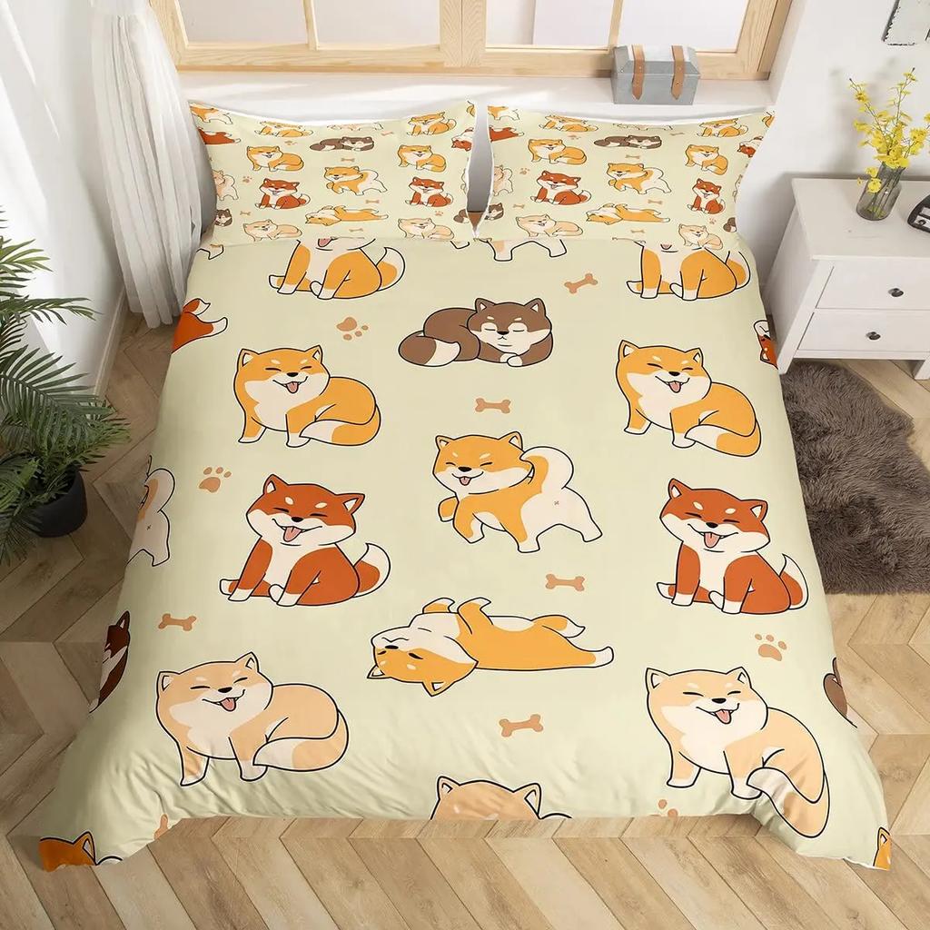 Shiba Inu Duvet Cover Set Cute Shiba Inu Bedding Set Cute Yellow Dog Cartoon Animal Farmhouse Pet Animals Polyester Quilt Cover