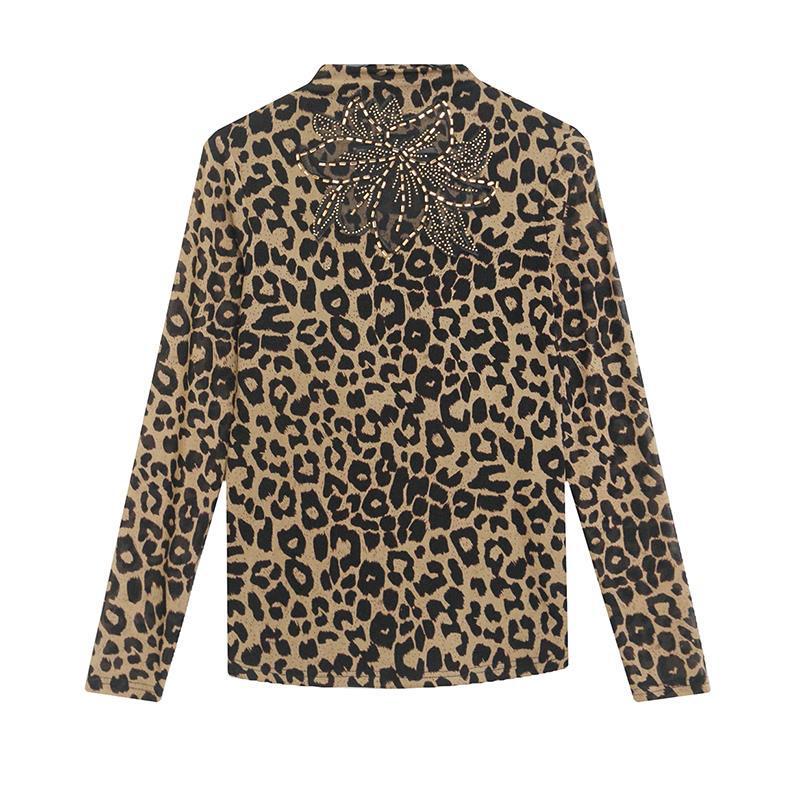 2024 European High-Neck Long-Sleeve Leopard Print Mesh T-Shirt with Hand-Beading - Women's Slim-Fit Trend