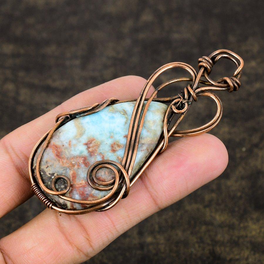 Caribbean Larimar Handmade Copper Wire Wrap Jewelry Pendant 1.89" t1a92