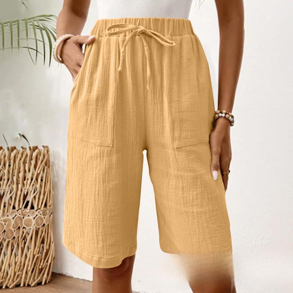 2025 Nové dámské letní bavlněné a lněné jednobarevné šortky s ramínky, volné, ležérní, pětidílné