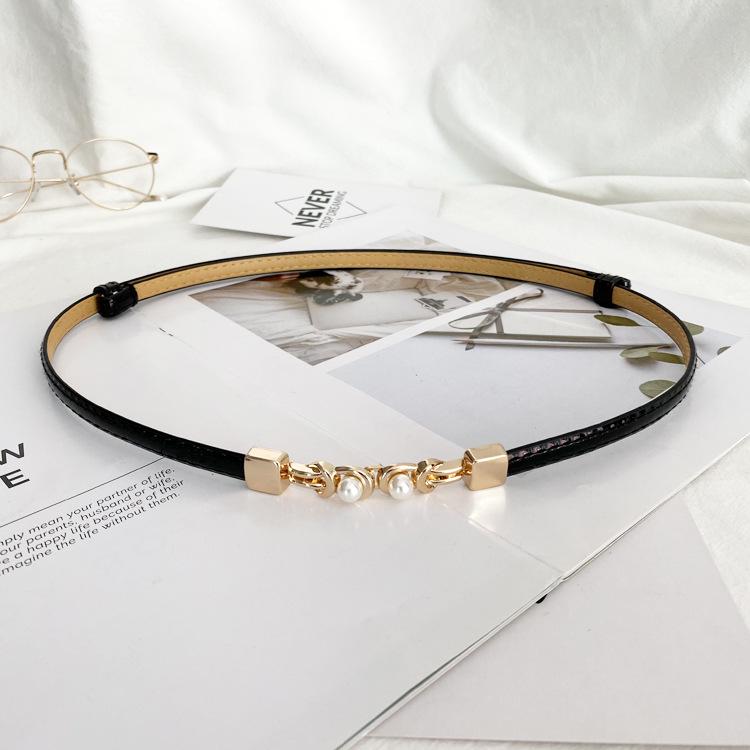 Black Mirrored Pearl-Embellished Adjustable Belt for Women's Suit Dress