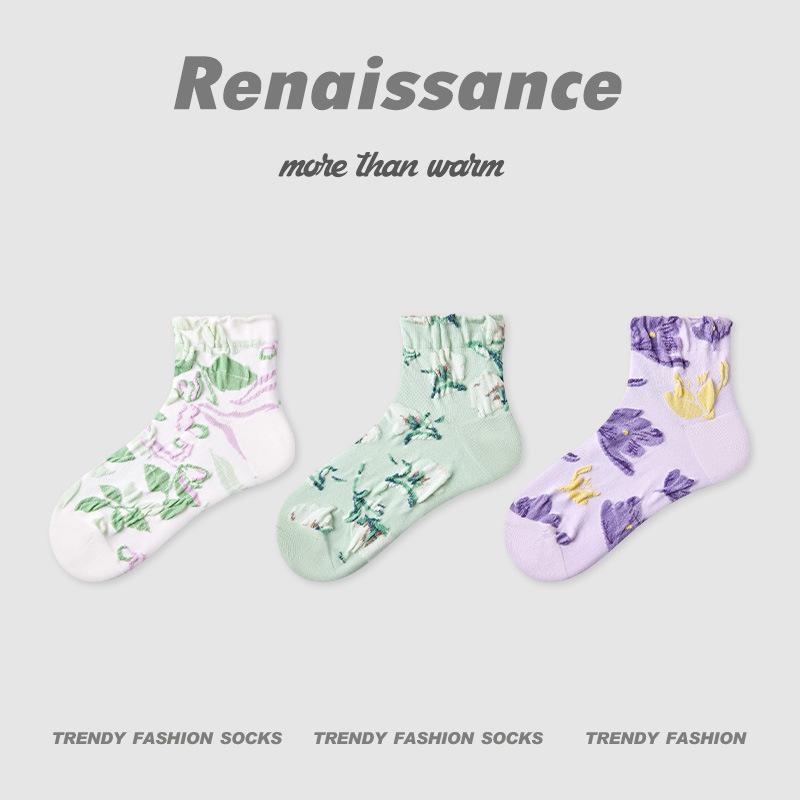 3 Pairs of Women's Summer Thin Geometric Design Breathable Stripe Low Top Socks