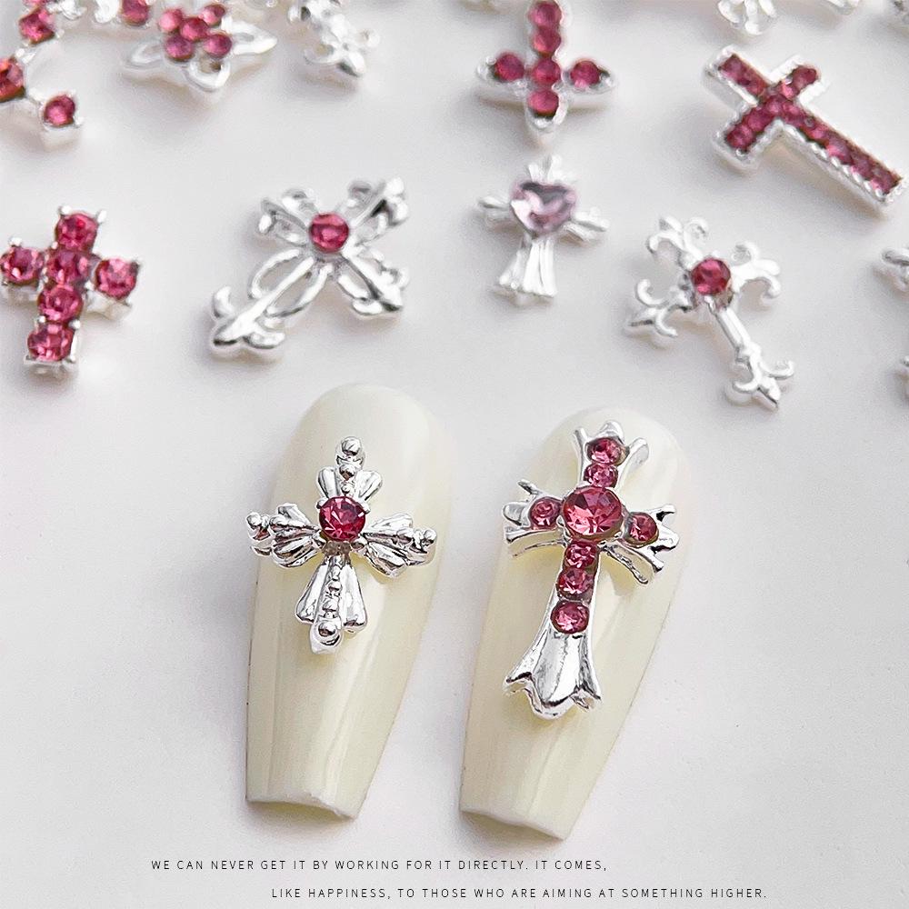 Pink Rhinestone Cross Nail Art Decorations: Multiple Styles of Wearable Metal Nail Accessories