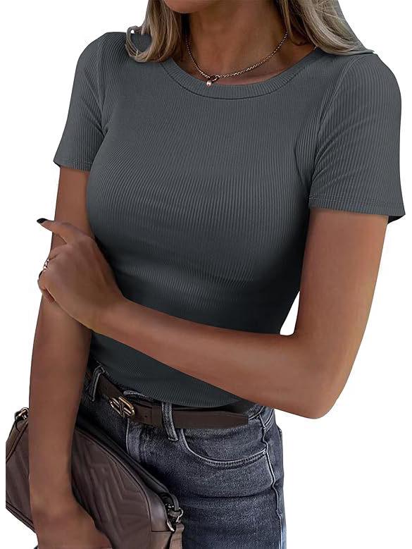 Women's Summer Ribbed Short Sleeve Stretchy Slim Fit Round Neck T-shirt