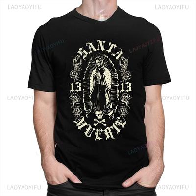 Classic Gothic Santa Muerte Tshirt Men Lady of Holy Death Shirt Mexican Skull Cotton Short Sleeve Streetwear Hip Hop Tee-Shirts
