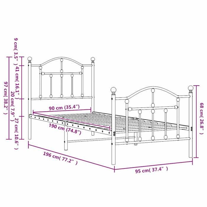 VidaXL Metal Bed Frame with Headboard-Footboard Black 90x190 Cm 353449
