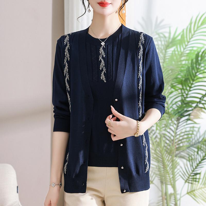 

Mom s Stylish Knit Cardigan Jacket Two-Piece Set for Middle-Aged Women - 2026 Spring/Autumn Fashion L (Recommended 40-50 kg) темно-синього кольору