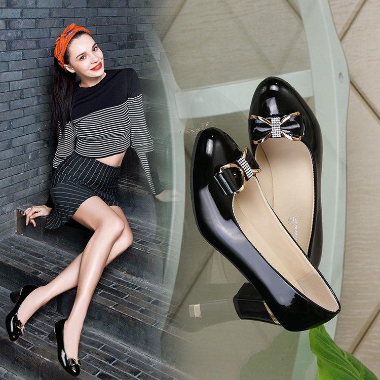 Rhinestone High Heels Women's 2025 Autumn New Round Head Shallow Mouth Bow Single Shoes Thick Heel Versatile Professional Women's Shoes