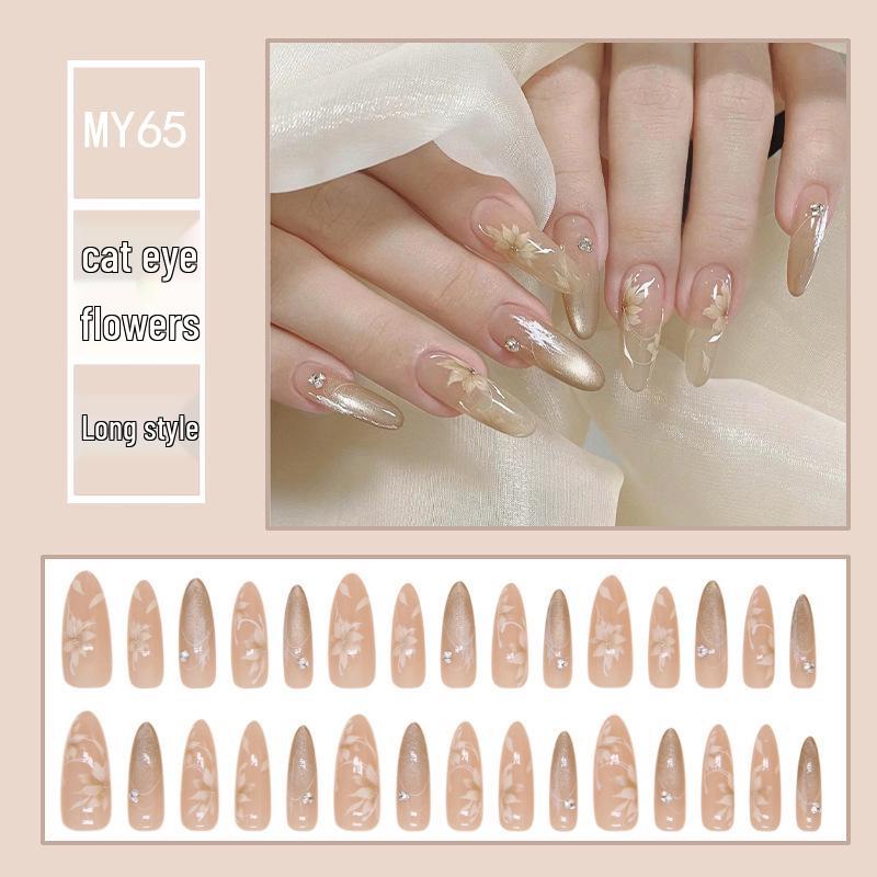 

Crystal Cat Eye Wearable Nail Tips - Autumn Floral Rhinestones, High-End Long Removable False Nails, One Size