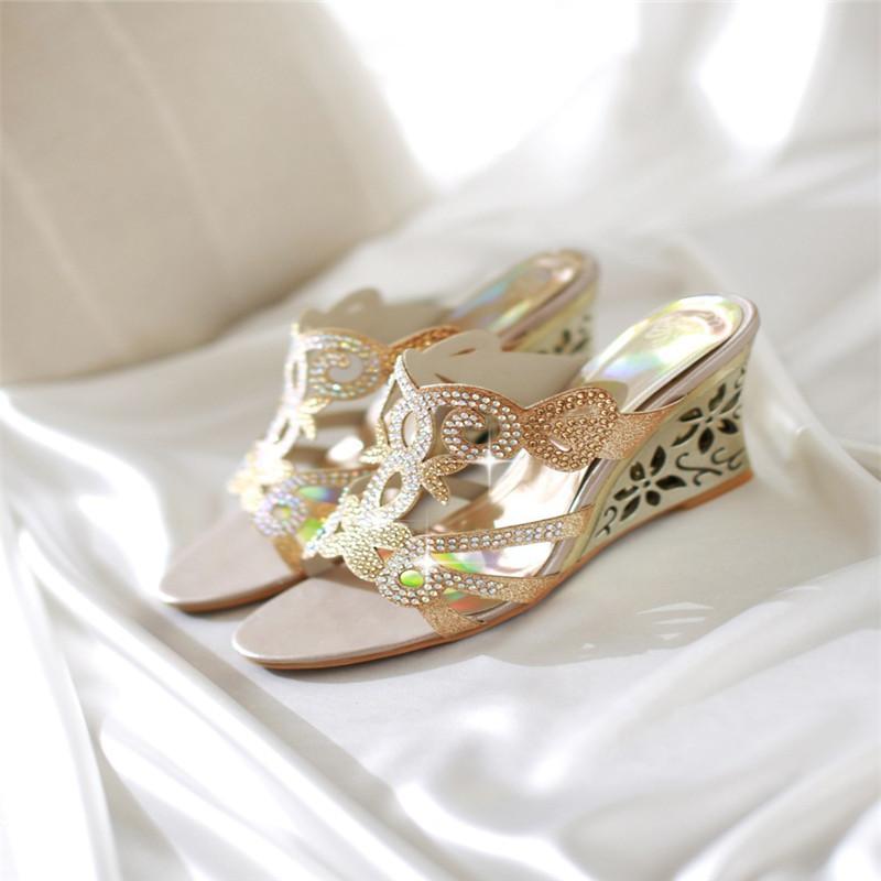 Sandalias de cuña para mujer Zapatos de verano Lentejuelas de lujo Sandalias tipo gladiador para mujer Zapatillas Chanclas de plataforma para mujer Zapatos de tacón alto para mujer